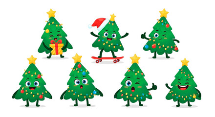 Christmas Tree Mascot Characters Set with Funny Facial Expressions