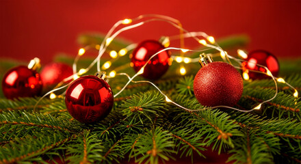 Festive Composition with Shiny Red Ornaments on Fir Tree Bough