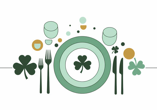 Elegant green dinner table setting with shamrock decorations  