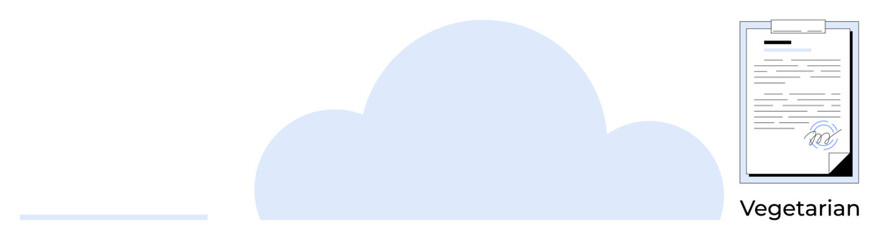 Clipboard holding a signed document beside a large cloud icon. Ideal for data storage, paperless solutions, e-signatures, online records, organization, technology, eco-friendly practices. Simple flat