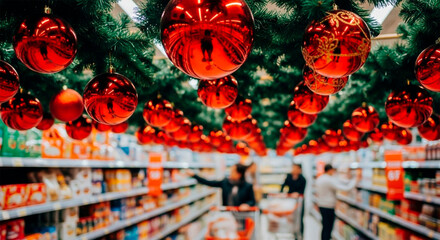 Red Christmas ornaments decorated in a supermarket aisle