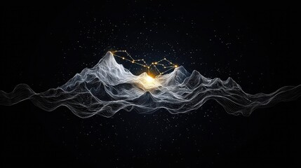 A stylized, wireframe mountain range with a luminous, connected constellation pattern across its peaks, set against a dark, star-filled background.