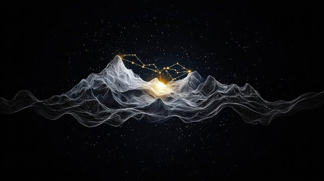 A stylized, wireframe mountain range with a luminous, connected constellation pattern across its peaks, set against a dark, star-filled background.