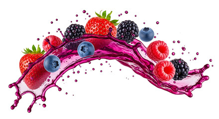 Vibrant Berry Splash A Symphony of Color and Flavor in Motion, Showcasing Fresh Strawberries, Blueberries, Raspberries, and Blackberries