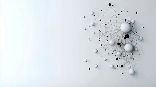 A complex network of interconnected white spheres and black dots forms an abstract pattern against a clean white background.