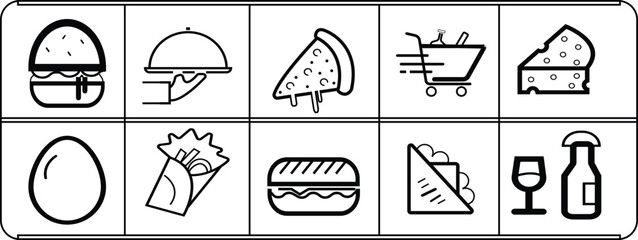 A collection of ten bold black and white outline icons representing common food and drink items, including a burger, serving platter, pizza slice, shopping cart (fast delivery), cheese wedge, egg, etc