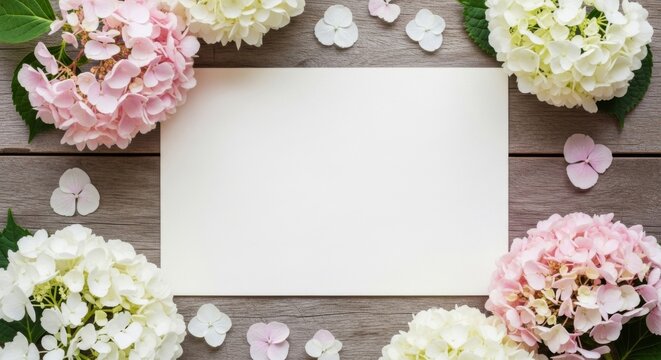 A flat lay of pink and white hydrangea flowers surrounding a blank white paper. - Powered by Adobe