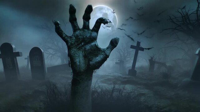 Zombie hand emerging from a grave in a foggy graveyard with bats flying under a full moon halloween