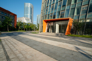 Square and modern office buildings in a business technology park