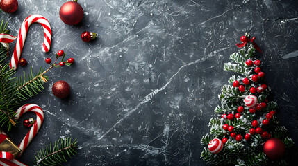 Christmas Card - Loading Concept - Tree And Candy Canes On Black Stone 