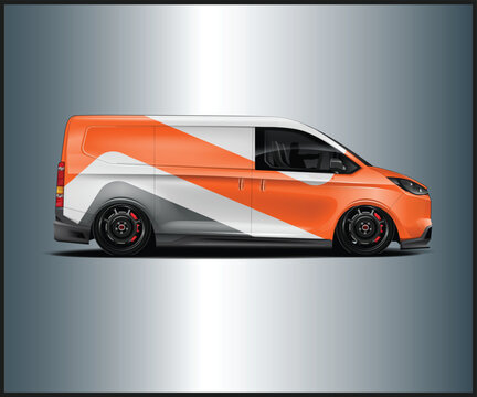 Orange and white van mockup with graphic design wrap for branding