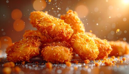 A tempting display of golden crispy chicken nuggets against a blurred background, capturing textures and appetizing details, ideal for food photography and fast-food concepts food