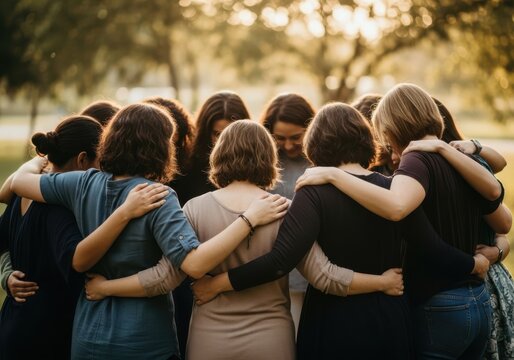 A diverse group of women in a circle, embracing each other with their arms around their shoulders, showing unity and friendship outdoors during sunset