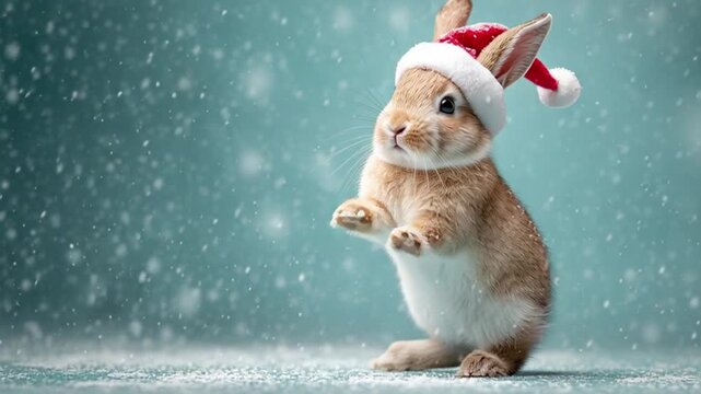 4K footage of a cute cartoon rabbit wearing a Santa hat, dancing happily against a neutral gray, snowy background, perfect for a Christmas greeting with copy space