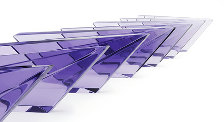 Dynamic forward movement concept shown with a series of reflective violet glass triangles isolated on a white background