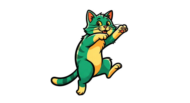A cartoon green cat jumping playfully.