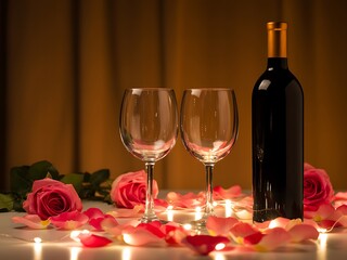 Romantic evening ambiance with red wine bottle two empty wine glasses and pink rose petals illuminated by soft candlelight and fairy lights