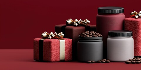 A group of gift boxes coffee beans and health supplement bottles with bows on the top placed against a dark red background