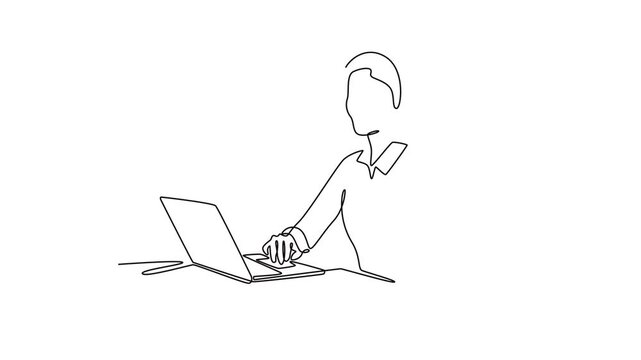 Customer service agents in office using laptops and headsets. Client First concept. Single line draw design. Full length animation illustration. High quality 4k footage