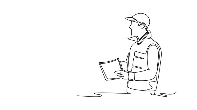 Courier Delivering a Package to a happy woman. Client First concept. Single line draw design. Full length animation illustration. High quality 4k footage