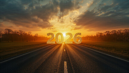 Golden 2026 Text on Sunrise Highway Symbolizing New Beginnings, Hope, Motivation and the Road Ahead
