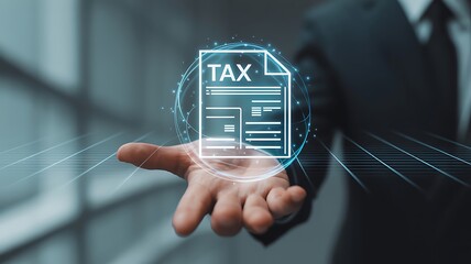 Digital tax document hologram projected from a businessman s hand representing financial planning and online tax services