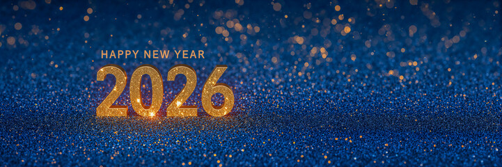 Happy New Year 2026 Golden Text on Sparkling Blue Glitter Background with Festive Celebration Lights