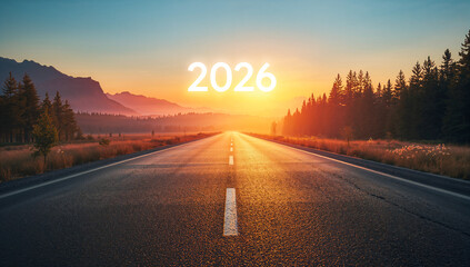 Scenic Sunrise Road with 2026 Text Symbolizing New Beginnings, Hope, Motivation and the Journey Ahead