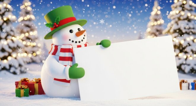 Festive snowman holding a blank sign amid a snowy winter wonderland scene