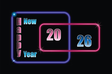 Neon new year 2026 celebration with glowing rectangles on black background