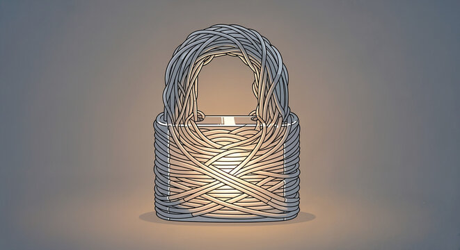 Digital Security Padlock Wrapped in Data Cables Symbolizing Cyber Protection and Encryption