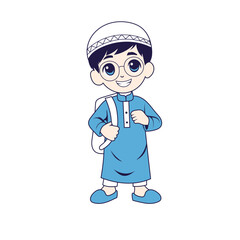 Happy Muslim Boy Cartoon with Backpack and Kufi