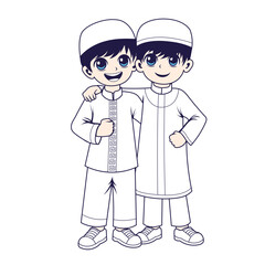 Smiling Muslim Boys Embracing Friendship Cartoon