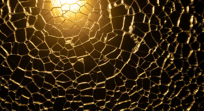 Illuminated cracked glass surface, resembling a web of fractures in warm gold tones, representing fragility, resilience, or abstract design concept - Powered by Adobe