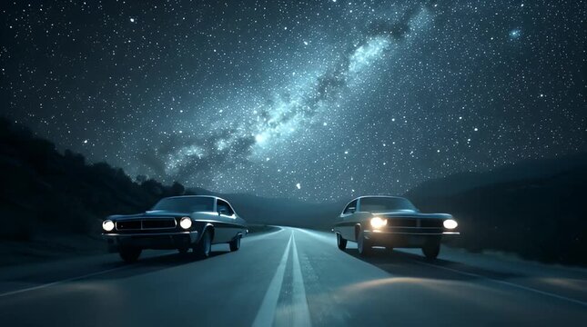 Two classic cars cruise down a deserted highway under a magnificent starlit sky, headlights piercing the darkness, creating an epic scene of nocturnal adventure and open-road freedom