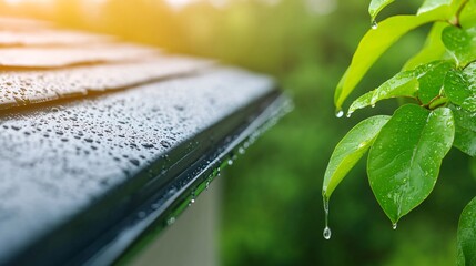 Close-up of rainwater filter system showing clean droplets entering collection pipe. 