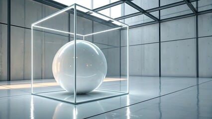 Glass Cube with Floating Glossy Sphere