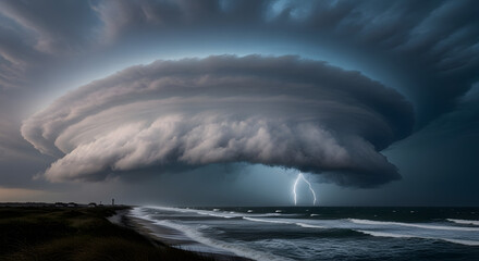 Dramatic aerial view of a colossal supercell thunderstorm over a coastline with lightning striking the ocean