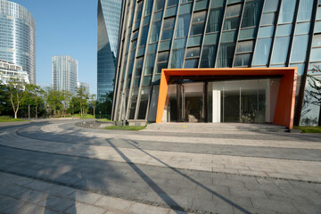 Square and modern office buildings in a business technology park