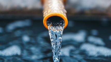 Close-up of rainwater filter system showing clean droplets entering collection pipe. 