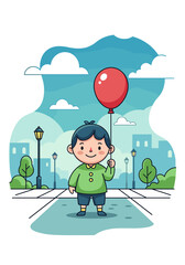 Child holding a single red balloon in a colorful park illustration