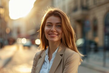 Young adult woman smiling confidently in urban setting