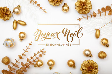 Joyeux noel and Bonee Annee. French Merry Christmas Modern calligraphy lettering on sticker for...