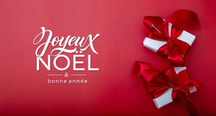 Joyeux noel and Bonee Annee. French Merry Christmas Modern calligraphy lettering on sticker for season greetings. Greeting card, frame, and banner. Holidays design.