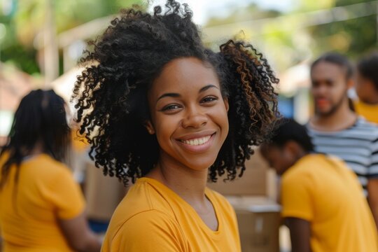 Young woman smiling joyfully while volunteering outdoors
