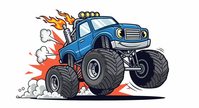 Cartoon monster truck with flames isolated on white background