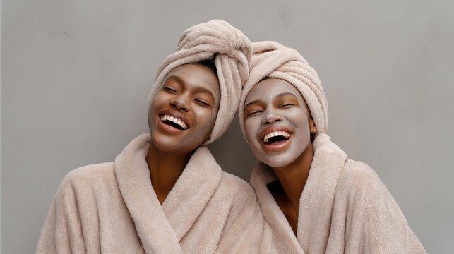In a serene setting, two African American women in warm robes share amusing stories and joyous laughter while pampering themselves with facial masks. Their bond shines through their smiles