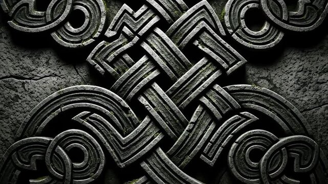 Intricate Celtic knot pattern carved into weathered stone, showcasing ancient interwoven design and texture.