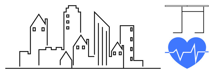 Linear cityscape skyline paired with a blue heartbeat icon and a minimal architectural framework. Ideal for health infrastructure, urban planning, sustainability, medical design, modern architecture