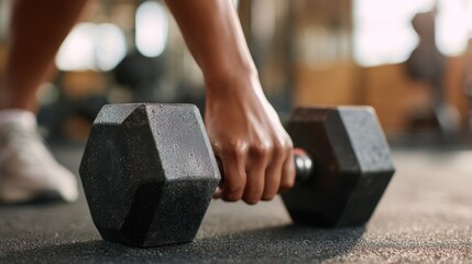 Strength Training Hand Gripping Hex Dumbbell with Determined Focus — Close-Up Cinematic Fitness Style for Motivation, Gym Workout Promotion, Healthy Lifestyle, and Personal